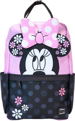 A Minnie Mouse themed backpack with pink and black polka dots and floral accents.