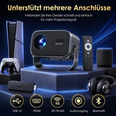 Produktbild von Mini Beamer (4K, 1000 Lumen) – Autofokus, WiFi 6, Bluetooth, 360° Halterung – Für Heimkino und Reisen