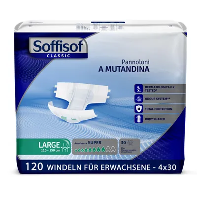 Zdjęcie produktu dla Pieluchy dla dorosłych Soffisof Classic Super L – 120 sztuk majtek na nietrzymanie moczu – 4 opakowania po 30 pieluch dla dorosłych, 8 kropli – jednorazowe majtki na nietrzymanie moczu