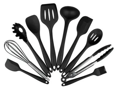 Produktbild von 10 Stück Küchenutensilien Silikon BPA frei Set Enthält 2xSchaber Kochlöffel Suppenkelle Pfannenwender Spaghettikelle Servierlöffel Schneebesen Grillzange Silikon Pinsel (10 Stück Schwarz)