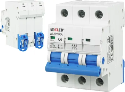 Two white electrical circuit breakers with blue levers are shown against a white background. The breaker on the right is larger and in focus, displaying branding and technical specifications.