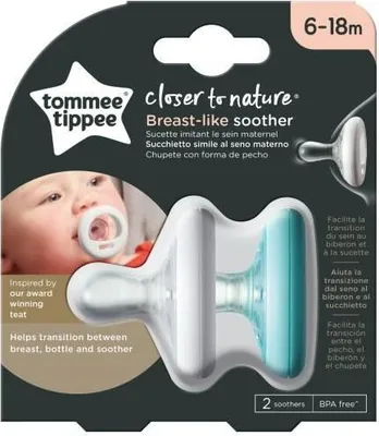 Produktbild von Tommee Tippee Natürlich geformter Beruhigungssauger, hautähnliche Textur, symmetrische kiefergerechte Form, 6-18m, mehrfarbig, 2 stück blau / weiß 6-18 Monate