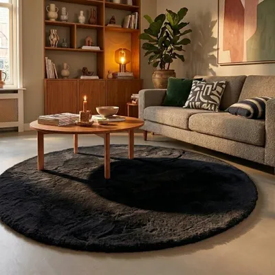 Produktbild von Volero - Hochflor Teppich Rund - Comfy Supreme Schwarz - Ø 230 cm - Wohnzimmer, Esszimmer, Schlafzimmer - Ländlich, Modern, Skandinavisch