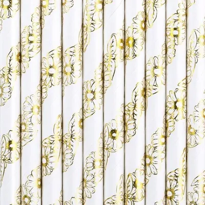Produktbild von Papierstrohhalme 19cm mit Blumen Motiv 10er Set Weiß / Gold
