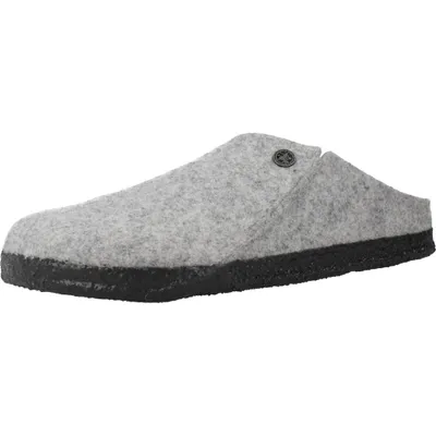 A single gray Birkenstock slipper is shown against a white background.