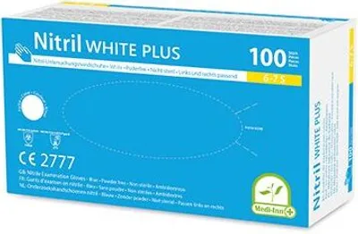 Produktbild von "Medi-Inn" Handschuhe, Nitril puderfrei "White Plus" weiss Größe: S