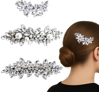 Produktbild von Zweizöpfige Haarspange mit Glittersteinen und Perlen, silberne Hochzeits-Haarspangen für Hochzeit und Brautjungfer, elegante Haarspangen, Hochzeits-Haarzubehör für Frauen und Mädchen