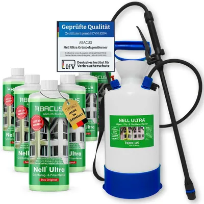 Produktbild von ABACUS® Nell Ultra Grünbelagentferner & Algenentferner Konzentrat Entfernt Grünbelag & Algen selbsttätig - 6x 1000ml mit Sprühgerät