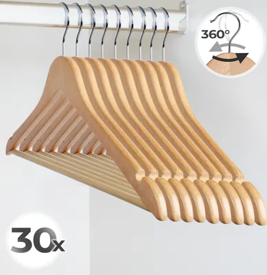 Produktbild von Jago® Bügel aus Holz -  im 30er, inkl. Hosensteg und Schlaufenkerben, Haken 360 Grad drehbar - Kleiderbügel, Holzkleiderbügel, Garderobenbügel, Wäschebügel