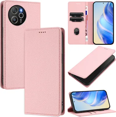 A collage of images showing a pink leather phone case with card slots and a stand function.