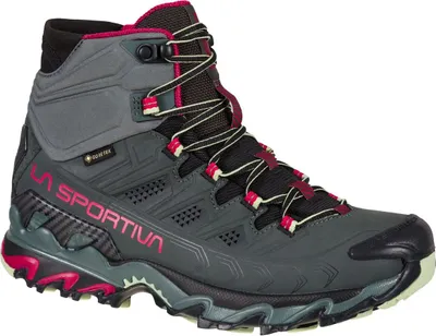 Damen-Wanderschuh "Ultra Raptor II Mid Leather Wide Woman GTX" von La Sportiva in Grau mit pinken Akzenten.