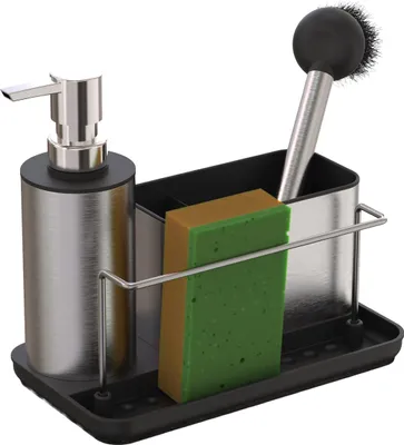 Produktbild von Relaxdays Spülbecken Organizer, mit Seifenspender & Schwammhalter, HBT: 19x21x12 cm, Spülset Küche, Edelstahl, silber
