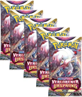 A group of five Pokemon trading card booster packs arranged diagonally.