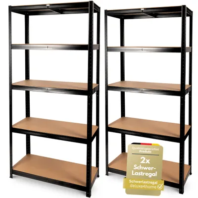 Two black metal shelving units with brown shelves are displayed against a white background.