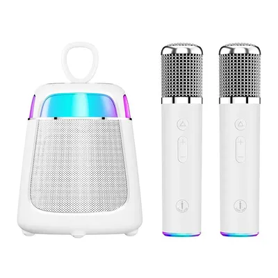 Produktbild von Mini-Karaoke-Maschine mit 2 kabellosen Mikrofonen, Bluetooth 5.3, RGB-Lichteffekten, DSP-Klangoptimierung und 4000-mAh-Akku
