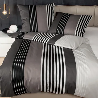 Produktbild von Janine Mako Satin Bettwäsche 2 teilig Bettbezug 135 x 200 cm Kopfkissenbezug 80 x 80 cm schwarz-taupe Streifen