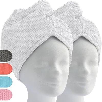 Produktbild von Famanu Set von 2 Haarturbanen mit Knoten, Mikrofaser-Handtuch für langes, nasses Haar – Weiß