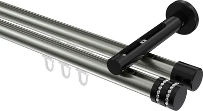 Produktbild von Interdeco Innenlaufstange / Gardinenstange mit Innenlauf Edelstahl-Optik / Schwarz, Typ Siteno Estana (Glitzerkappe), 20 mm Ø 2-läufig, 200 cm