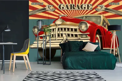 Produktbild von Vlies Fototapete VINTAGE GARAGE RETRO PLAKAT 375 x 250 cm (inkl. Kleister) - Vlies Tapete, Wandtapete, Wandbilder - Tapete für Wohnzimmer Schlafzimmer, Büro, Küche - Montagefertig