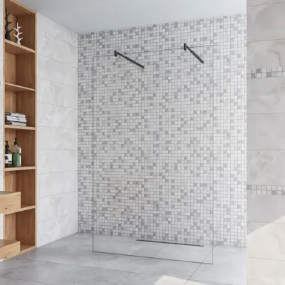 Produktbild von 77.7x200cm+ mit 2  70-120cm Schwarz Stabilisator 8mm Nano Sicherheitsglas Walk in Duschwand Duschabtrennung