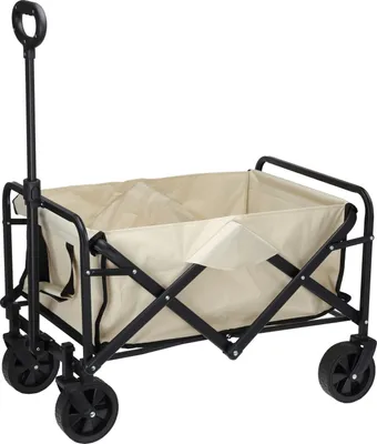 A beige and black foldable wagon is shown against a white background.