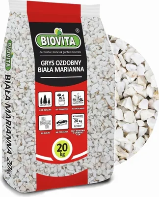 A bag of white decorative stones with product information and branding.