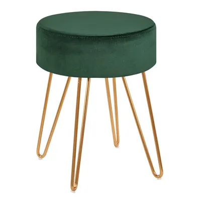 A dark green velvet stool with gold hairpin legs, shown against a white background.
