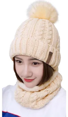 Produktbild von Damen Wintermützen Schal Set mit Kunstpelz Bommel Beige