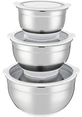 Produktbild von Salatschüssel-Set (16, 20, 24 cm) – Luftdichte Deckel – Edelstahl – Rutschfester Silikonboden