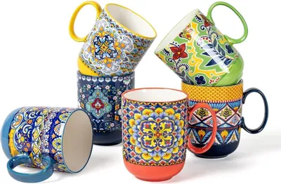 Image de HENXFEN LEAD Tasses à café en porcelaine 410ml Set de 6 tasses à thé - Style bohème coloré
