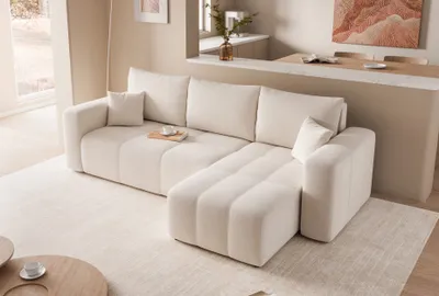 Produktbild von Ecksofa mit Schlaffunktion PEDRO mit L-förmigen Steppungen Wohnzimmer Beige Universal Couch mit Kissen Bettcouch Farbe: Manila 01