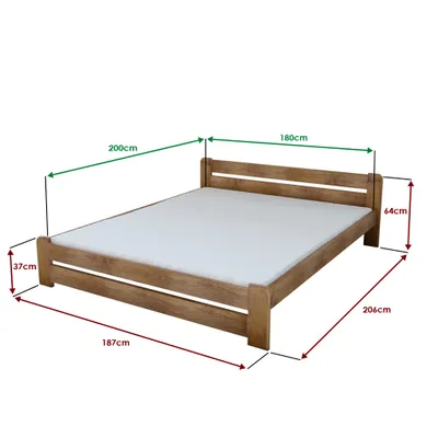 A wooden bed frame with a white mattress, shown with dimensions indicated by measurement lines and text.