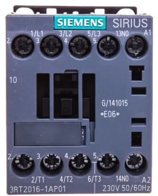 Imagen del producto de Siemens 3RT20161AP01, contactor AC-3, 4 kW/400V, 1S, 230 VAC, 50/60 Hz, 3 polos, e protección S00