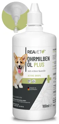 Produktbild von REAVET Ohrmilbenöl Plus 100ml sofort wirksames Mittel für Hunde, Katzen & Haustiere – gegen Ohrmilben mit Kamille, Sanfte Pflege bei Juckreiz im Ohr, Ohrentropfen Milben, Ohrenreiniger