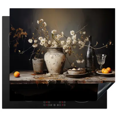 Produktbild von KitchenYeah© Herdabdeckplatte Stilleben - Blumen - Blumenstrauß - Vase - Wein , 58x51cm, Küche Deko, Glaskeramikkochfeld Herdabdeckung, Abdeckplatte fùr Kochfeld