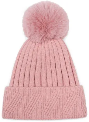Produktbild von styleBREAKER Damen Strick Bommelmütze Einfarbig mit Rippen Muster und Fleece Futter, Winter Mütze, Strickmütze 04024198