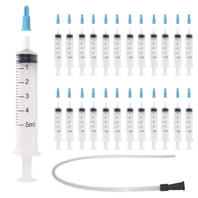 Produktbild von 25 Stück Spritzen ohne Nadel 5 ml Spritze Verschlusskappen & 90 cm Schlauch