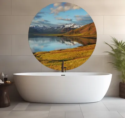 Produktbild von Wallario wasserfestes Poster selbstklebend 120 x 120 cm, Bergpanorama mit Spiegelung im See, Badezimmerposter Spritzschutz mit Hochglanzoberfläche in Glasoptik