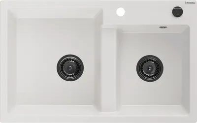 Produktbild von Mexen Tomas 2-Becken-Granit-Spülbecken 800 x 500 mm, Weiß, Siphon Schwarz - 6516802000-20-B