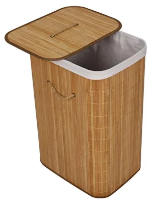 Productafbeelding van Wasmand bamboe - 72 liter - Natuur - Opvouwbaar - 40 x 30 x 60 cm - Met deksel en linnen waszak