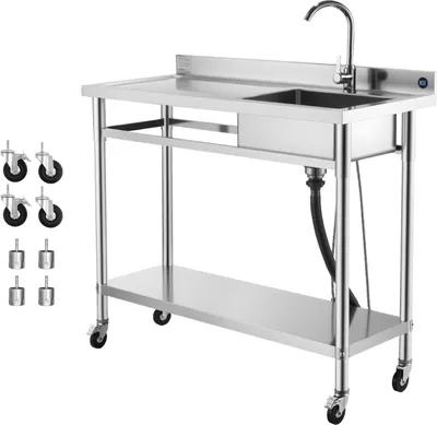 Obrázek produktu pro Dřezová skříňka SucceBuy z nerezové oceli (1200 x 500 x 1055 mm), s jednou mísou, baterií a kolečky, kuchyňský dřez do garáže, restaurace a prádelny, venkovní dřez s pracovní deskou (vlevo)