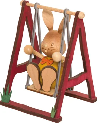 Produktbild von Drechslerei Kuhnert - Dekofigur aus Holz - Hase Stupsi auf Schaukel  - ca. 15cm