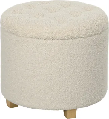 Produktbild von Runder Sitzhocker mit Stauraum, Deckel und Holzbeinen, Fußhocker für Wohnzimmer, Flur, Schlafzimmer, Cremeweiß