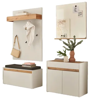A set of white and wood-tone furniture, including a coat rack with a shelf, a bench with storage, and a cabinet with two doors, arranged against a white background.