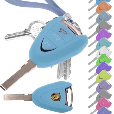 Produktbild von Auto Schlüssel Hülle Silikon Schutz Cover Fluoreszierend Blau kompatibel mit Porsche 911 997 987 Boxster Cayman 3 Tasten Funk Fernbedienung