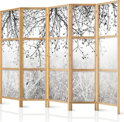 Produktbild von Paravent XXL Zweige Natur 225x171 cm - 5-teilig - einseitig - eleganter Sichtschutz - Raumteiler - Trennwand - Raumtrenner - Holz - Design Motiv - Deko - Japan b-C-0840-z-c