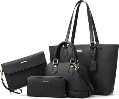 Produktbild von OKWISH Handtaschen-Set 4-teilig für Damen, Schwarz Kunstleder, Geräumige Handtasche (ca. 33x26,5cm), Umhängetasche & 2 Geldbörsen \u2013 Robust & Formstabil, Hauptfach mit Reißverschluss
