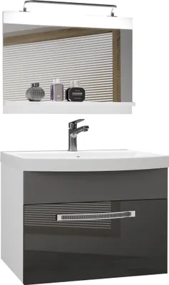 Produktbild von BELINI Badmöbel Vollausstattung Set Waschbeckenschrank, Waschbecken, Spiegel, Lampe (Grau / Grau, Glänzend und Matt)