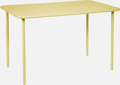 A yellow rectangular table with four legs against a white background.