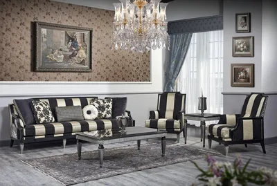 Produktbild von Casa Padrino Luxus Barock Wohnzimmer Set Schwarz / Gold / Silber - 1 Sofa & 2 Sessel & 1 Couchtisch & 1 Beistelltisch - Barockmöbel